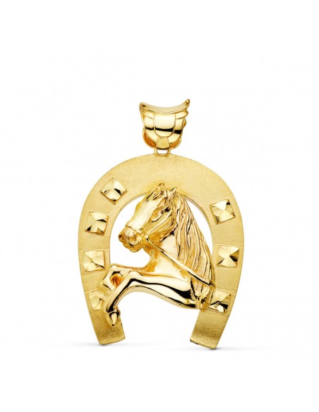 18K COLGANTE ORO AMARILLO HERRADURA CON CABALLO. 48 X 40 MM
