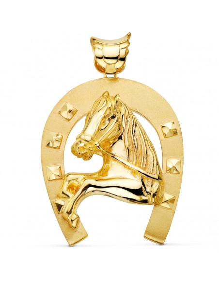 18K COLGANTE DE HERRADURA CON CABALLO. 60 X 50 MM