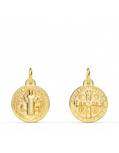18K MEDALLA ORO AMARILLO ESCAPULARIO SAN BENITO MONJE 14 MM MATIZADA