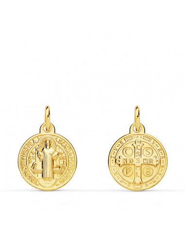 18K MEDALLA ORO AMARILLO ESCAPULARIO SAN BENITO MONJE 14 MM MATIZADA