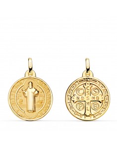 18K MEDALLA  ESCAPULARIO SAN BENITO MONJE BRILLO Y FONDO MATIZADO 16 MM ESPALDA EN BRILLO