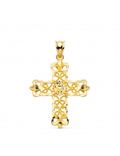 18K CRUZ ORO AMARILLO FILIGRANA BORDES TALLADOS. 35 X 29 MM