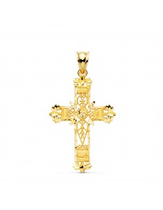 18K CRUZ ORO AMARILLO FILIGRANA BORDES TALLADOS. 37 X 25 MM