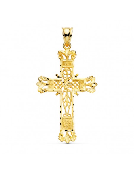 18K CRUZ ORO AMARILLO FILIGRANA BORDES TALLADOS. 44 X 28 MM