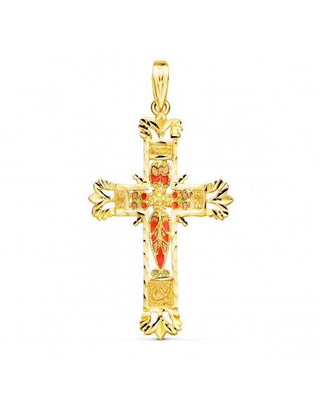 18K CRUZ ORO AMARILLO VIDRIERA CATEDRAL BORDES TALLADOS. 44 X 28 MM