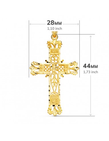 18K CRUZ ORO AMARILLO FILIGRANA BORDES TALLADOS. 44 X 28 MM