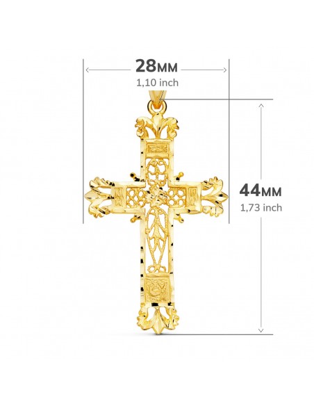 18K CRUZ ORO AMARILLO FILIGRANA BORDES TALLADOS. 44 X 28 MM