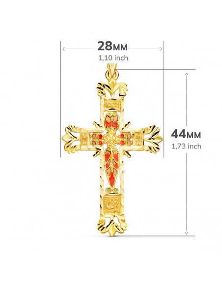 18K CRUZ ORO AMARILLO VIDRIERA CATEDRAL BORDES TALLADOS. 44 X 28 MM