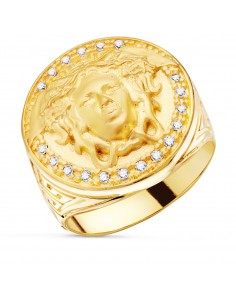 18K SELLO ORO AMARILLO MEDUSA CON CIRCONITA LATERAL GRECA ANCHO 19 MM