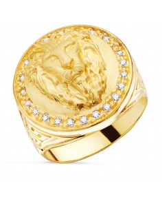18K SELLO ORO AMARILLO LEON CON CIRCONITA LATERAL GRECA ANCHO 19 MM
