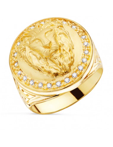 18K SELLO ORO AMARILLO LEON CON CIRCONITA LATERAL GRECA ANCHO 19 MM