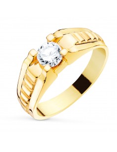 18K SOLITARIO ORO AMARILLO ESTRIAS CABALLERO CIRCONITA 5.5 MM