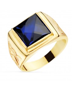 18K SELLO CUADRADO ORO AMARILLO MACIZO CON PIEDRA SPINEL ZAFIRO TALLA DAMERO 12X12 MM