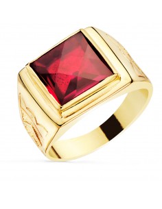 18K SELLO CUADRADO ORO AMARILLO MACIZO CON PIEDRA SPINEL RUBI TALLA DAMERO 12X12 MM