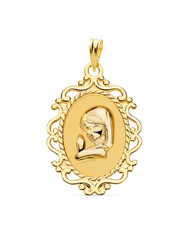 18K MEDALLA ORO AMARILLO VIRGEN NIÑA CERCO CALADO BRILLO 23X16 MM