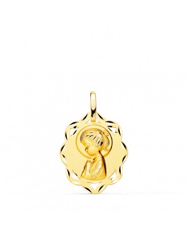 18K MEDALLA ORO AMARILLO HOJAS VIRGEN NIÑA PERFIL MATIZADA Y TALLADA 20X16 MM