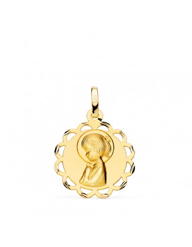 18K MEDALLA ORO AMARILLO PANDERETA VIRGEN NIÑA PERFIL MATIZADA Y CALADA 19 MM