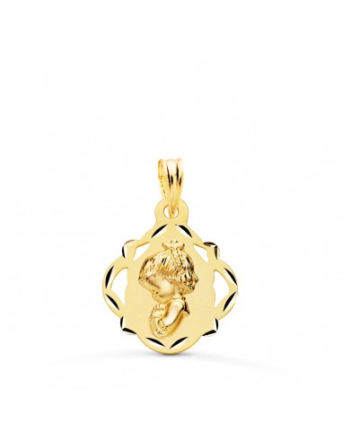 18K MEDALLA ORO AMARILLO VIRGEN NIÑA PANDERETA CALADA 19X16 MM
