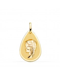18K MEDALLA ORO AMARILLO VIRGEN NIÑA GOTA EN BRILLO Y MATE 23X15 MM