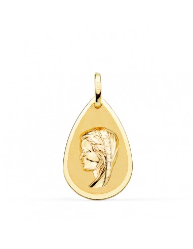 18K MEDALLA ORO AMARILLO VIRGEN NIÑA GOTA EN BRILLO Y MATE 23X15 MM
