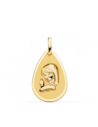 18K MEDALLA ORO AMARILLO VIRGEN NIÑA GOTA EN BRILLO Y MATE 23X15 MM
