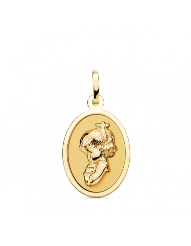 18K MEDALLA ORO AMARILLO VIRGEN NIÑA OVAL EN BRILLO 21X15 MM
