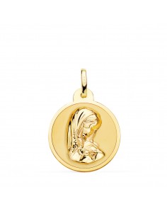 18K MEDALLA ORO AMARILLO VIRGEN NIÑA EN BRILLO 20 MM