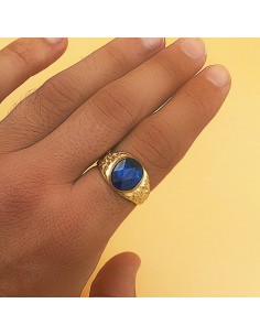 18K SELLO CABALLERO TALLADO ORO MACIZO PIEDRA SPINEL ZAFIRO AZUL OVAL 12 X10 MM 2