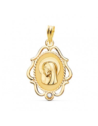 18K MEDALLA ORO AMARILLO VIRGEN NIÑA CERCO CALADO BRILLO CON CIRCONITA 24X17 MM