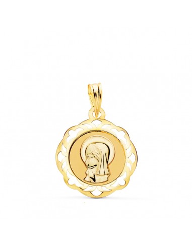 18K MEDALLA ORO AMARILLO VIRGEN NIÑA CERCO CALADO EN BRILLO 20X18 MM