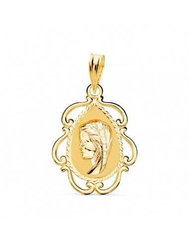 18K MEDALLA ORO AMARILLO VIRGEN NIÑA CERCO CALADO EN BRILLO . 22 X 16 MM