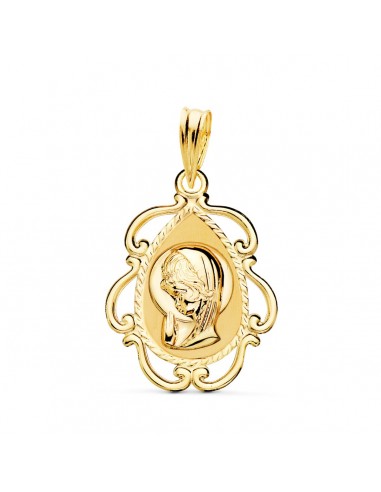 18K MEDALLA ORO AMARILLO VIRGEN NIÑA CERCO CALADO EN BRILLO . 22 X 16 MM