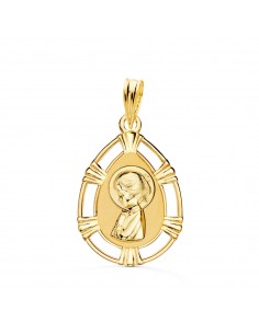 18K MEDALLA ORO AMARILLO VIRGEN NIÑA CERCO CALADO BRILLO FORMA GOTA 23X15 MM