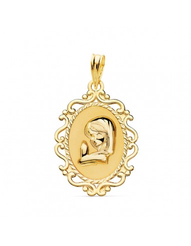 18K MEDALLA ORO AMARILLO VIRGEN NIÑA PERFIL CERCO CALADO BRILLO. 23 X 16 MM