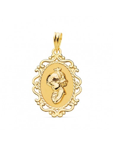 18K MEDALLA ORO AMARILLO VIRGEN NIÑA PERFIL CERCO CALADO BRILLO. 23 X 16 MM