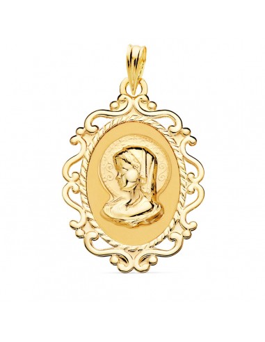 18K MEDALLA ORO AMARILLO VIRGEN NIÑA CERCO CALADO EN BRILLO. 31 X 21 MM