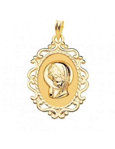 18K MEDALLA ORO AMARILLO VIRGEN NIÑA CERCO CALADO EN BRILLO 31X21 MM