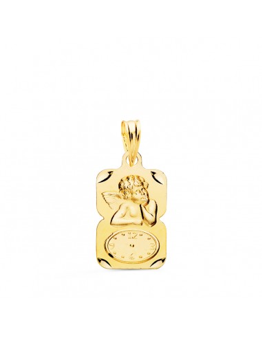 18K MEDALLA ORO AMARILLO RECTANGULO ANGELITO BURLON CON RELOJ TALLADA 19X11 MM