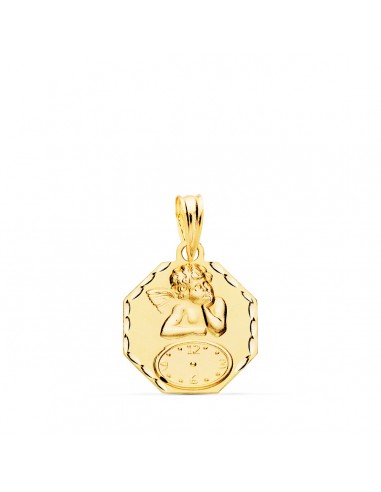 18K MEDALLA ORO AMARILLO OCTOGONAL ANGELITO BURLON CON RELOJ TALLADA 15X15 MM
