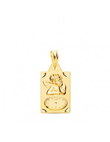 18K MEDALLA ORO AMARILLO RECTANGULO ANGELITO BURLON CON RELOJ TALLADA 19X11 MM
