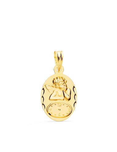 18K MEDALLA ORO AMARILLO OVAL ANGELITO BURLON CON RELOJ TALLADA 19X12 MM