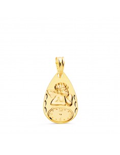 18K MEDALLA ORO AMARILLO GOTA ANGELITO BURLON CON RELOJ TALLADA 19X11 MM