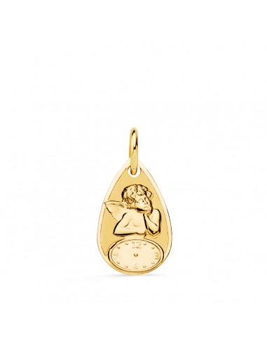 18K MEDALLA ORO AMARILLO GOTA ANGELITO BURLON CON RELOJ BRILLO Y MATE 19X11 MM
