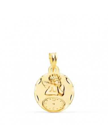 18K MEDALLA ORO AMARILLO REDONDA ANGELITO BURLON CON RELOJ TALLADA 15 MM