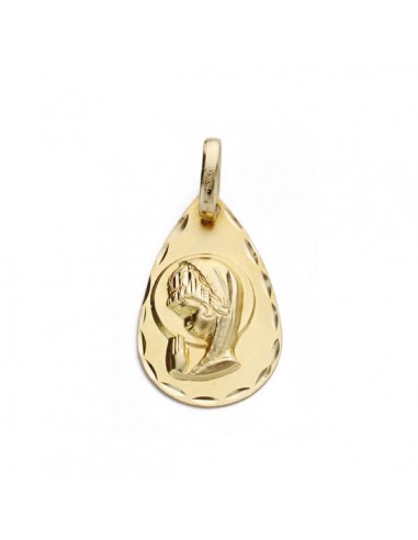 18K MEDALLA ORO AMARILLO VIRGEN NIÑA LAGRIMA TALLADA 19 X 11 MM.