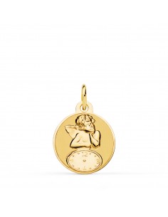 18K MEDALLA ORO AMARILLO REDONDA ANGELITO BURLON CON RELOJ BRILLO Y MATE 15 MM