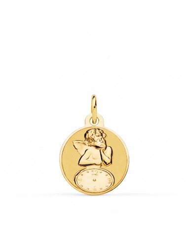 18K MEDALLA ORO AMARILLO REDONDA ANGELITO BURLON CON RELOJ BRILLO Y MATE 15 MM