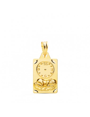 18K MEDALLA ORO AMARILLO RECTANGULO NIÑO DE LA HORA CON RELOJ TALLADA 19X11 MM