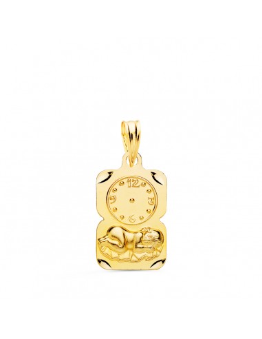 18K MEDALLA ORO AMARILLO RECTANGULO NIÑO DE LA HORA CON RELOJ TALLADA 19X11 MM