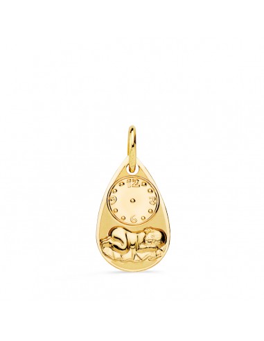 18K MEDALLA ORO AMARILLO GOTA NIÑO DE LA HORA CON RELOJ BRILLO Y MATE 19X11 MM